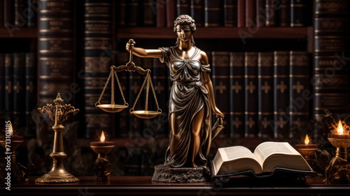 Statue of lady justice in library photo