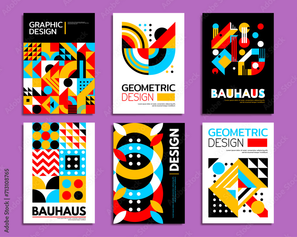 Abstract geometric posters. pattern with vector color shapes of circle, triangle and square. Modern graphic background, creative geometric pattern with basic geometric shapes and figures collage