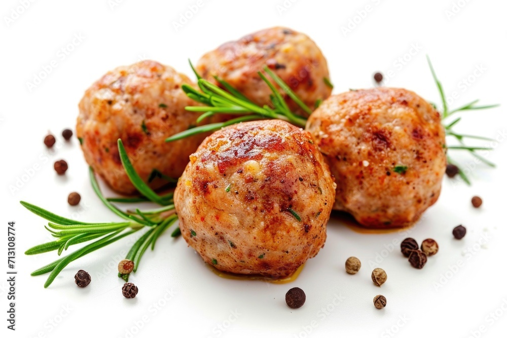 Three meatballs with fresh rosemary sprigs on a white surface. Perfect for recipes, cooking blogs, and food-related designs Three meatballs with fresh rosemary sprigs on a white surface. Perfect for recipes, cooking blogs, and food-related designs