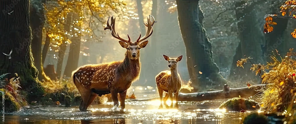 Nature wildlife scene with majestic brown deer in forest wild animals portrait in wilderness beautiful male stag with antlers standing alert in autumn landscape among pine trees and grass - obrazy, fototapety, plakaty 