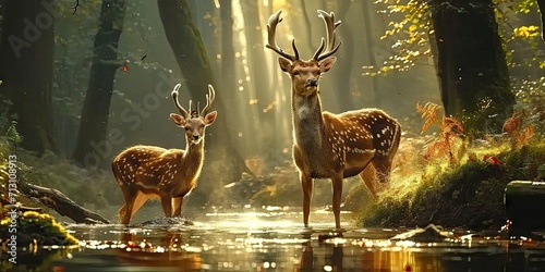 Nature wildlife scene with majestic brown deer in forest wild animals portrait in wilderness beautiful male stag with antlers standing alert in autumn landscape among pine trees and grass