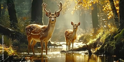 Nature wildlife scene with majestic brown deer in forest wild animals portrait in wilderness beautiful male stag with antlers standing alert in autumn landscape among pine trees and grass © Thares2020