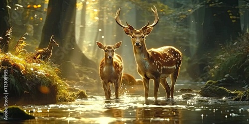 Nature wildlife scene with majestic brown deer in forest wild animals portrait in wilderness beautiful male stag with antlers standing alert in autumn landscape among pine trees and grass