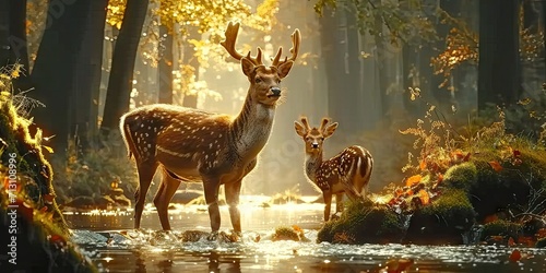 Nature wildlife scene with majestic brown deer in forest wild animals portrait in wilderness beautiful male stag with antlers standing alert in autumn landscape among pine trees and grass © Thares2020