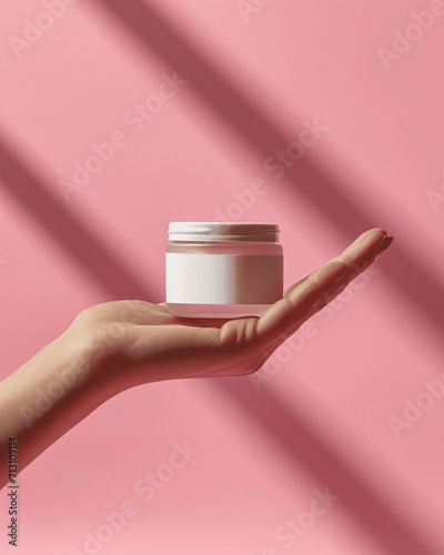 Female hand holding a blank cosmetics container. Mockup image