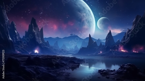 Ethereal Night Landscape with Glowing Moons and Rocky Terrain