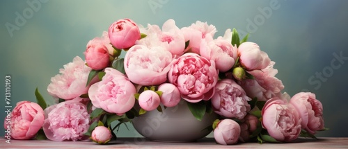 Pink peonies roses flowers with copy space