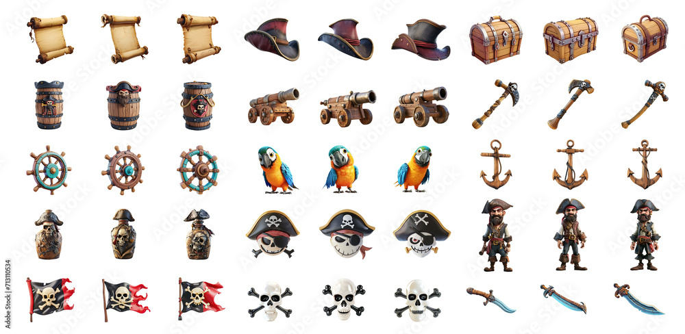Fototapeta premium Big set of pirate elements in cartoon style, cut out - stock png.