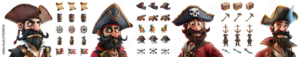 Fototapeta premium Big set of pirate elements in cartoon style, cut out - stock png.