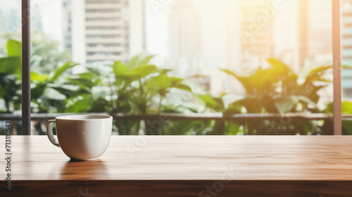 Wooden home table bokeh background  empty wood desk cafe tabletop surface product display mockup with blurry living room or city abstract backdrop advertising presentation. Mock up  copy space.