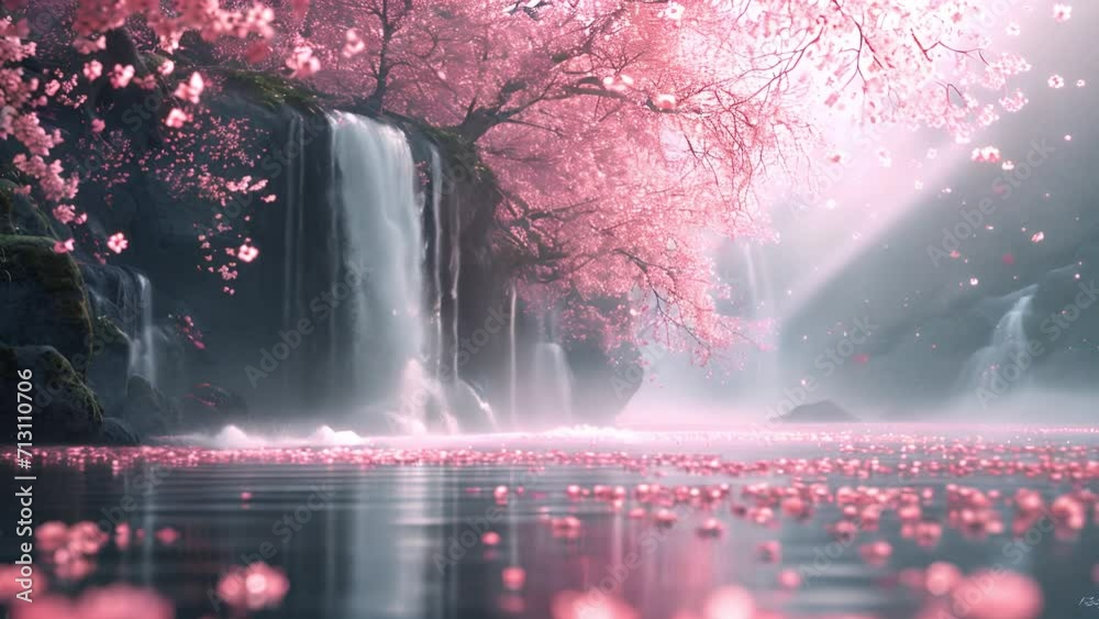 Magical landscape ith Waterfall and sakura tree with pink blossom cherry like sakura flower in the forest. Beautiful fantasy nature design waterfall flowing mp4
