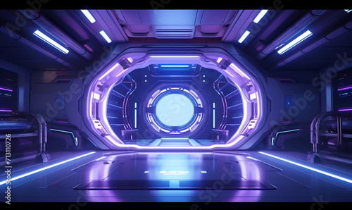 3d space station with lights and entrance glowing door