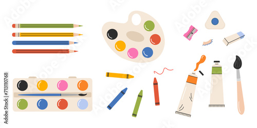 Set of painting tools in cartoon style. Hand drawn elements for creation and hobby: watercolor paints, brushes, pencils, palette, erasers, paint in tubes. Products for artists.  Knowledge for all.
