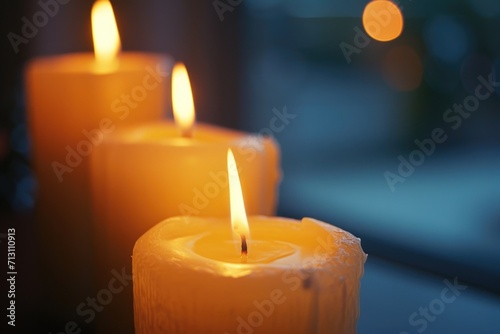 Three lit candles sitting on top of a table. Suitable for creating a cozy atmosphere or for religious and spiritual themes