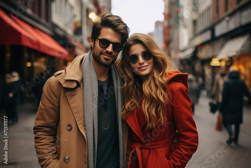 Modern couple of Caucasian girl and boy in casual stylish clothes wear nice coats