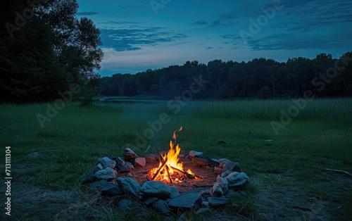 Meadow Campfire Scene: A campsite in a quiet meadow, complete with a crackling campfire, providing a soothing atmosphere away from urban life