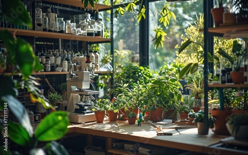 Medicine garden laboratory setting where medical instruments coexist harmoniously with a variety of potted plants, symbolizing the synergy between conventional medicine and the healing power of nature