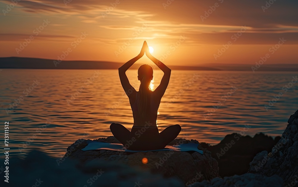 Mindful yoga: A young woman practicing mindful yoga poses by the sea during sunset, promoting the union of mind and body