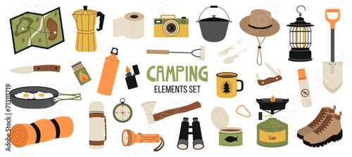 Camping and hiking stickers set. Vector hand drawn illustration collection of outdoor recreation elements: cartoon chair, boots, tent, map, backpack, binoculars, spade, axe, knife, frying pan, guitar 