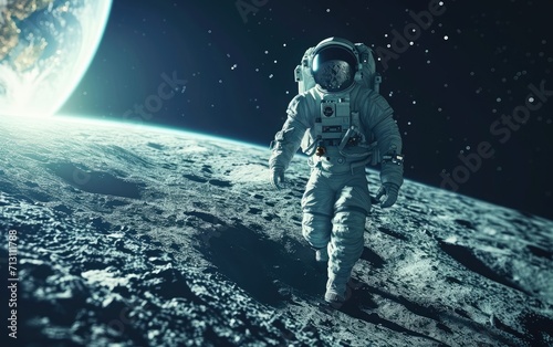 Moonlit Spacewalk: A surreal scene of an astronaut on a spacewalk with Earth in the background, illuminated by the moon
