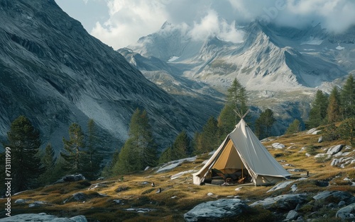 Mountain Tent Getaway: A tent pitched in the serene mountains, offering a restful retreat away from the hustle and bustle of civilization