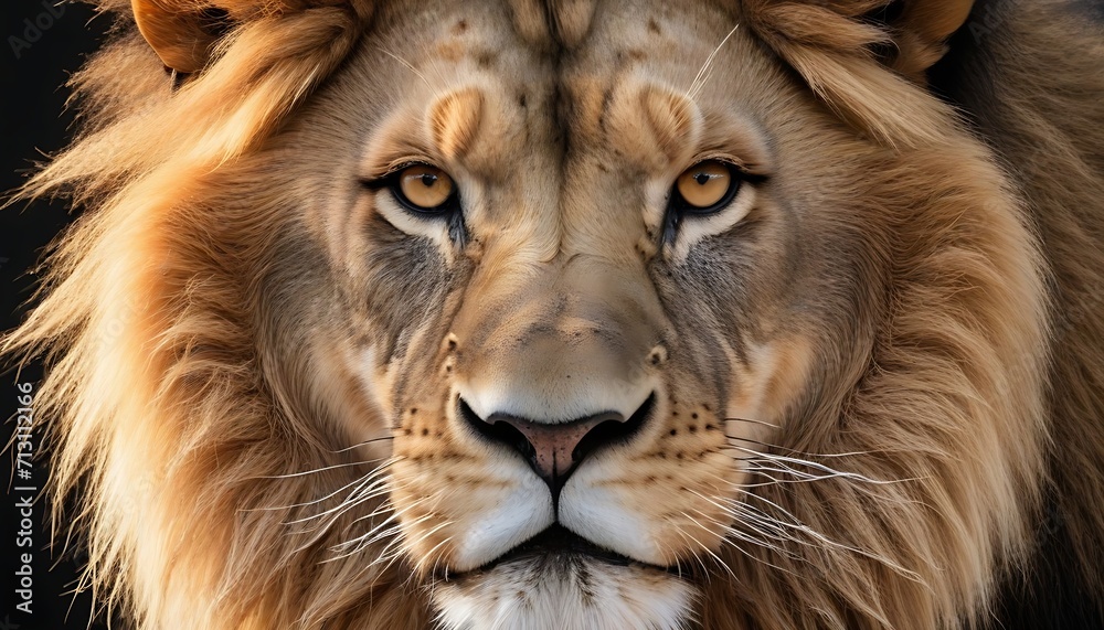 Close-up of the head of an aggressive lion ready to attack. Illustration for cover, card, postcard, interior design, banner, poster, brochure or presentation.