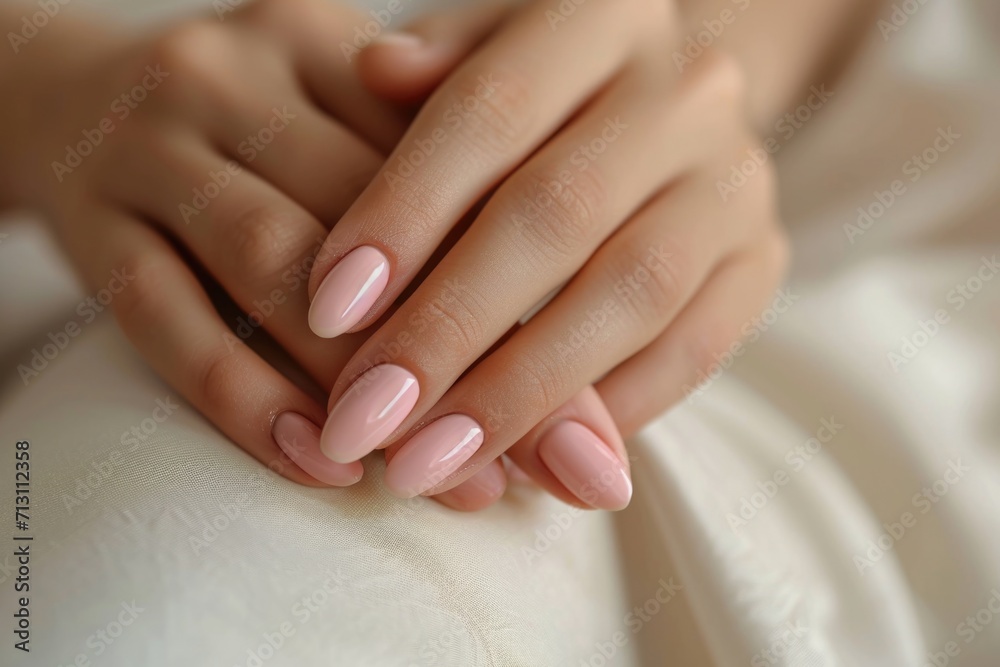 A detailed view of a person's hands with a beautiful pink manicure. Perfect for beauty and nail care related projects