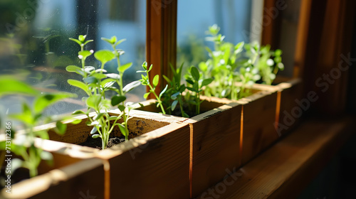 Home gardening. Wooden boxes with seedlings are on the window