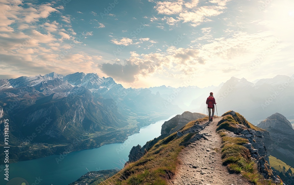 Optimistic travel, A wanderlust-inducing scene of a person exploring a scenic mountain trail, symbolizing the excitement of new adventures - obrazy, fototapety, plakaty 