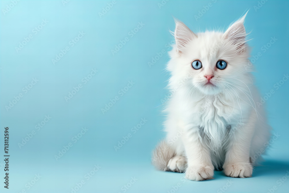 
cute little white angora kitten with blue eyes isolated on a blue background with copy space