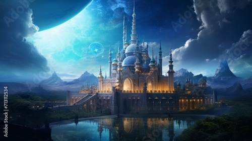 Fantasy Castle with Celestial Planets in the Sky