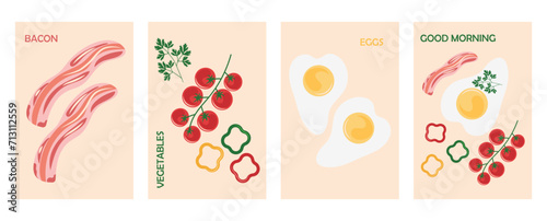 A set of posters for promo, with breakfast options, eggs, bacon and vegetables. Vector illustration.