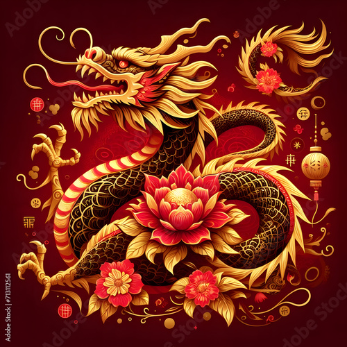Chinese New Year red and gold dragon zodiac sign with flower