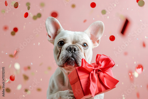 cute white french bulldog holds out a red gift box with  bow isolated on light pastel pink background with  confetti © ALL YOU NEED studio