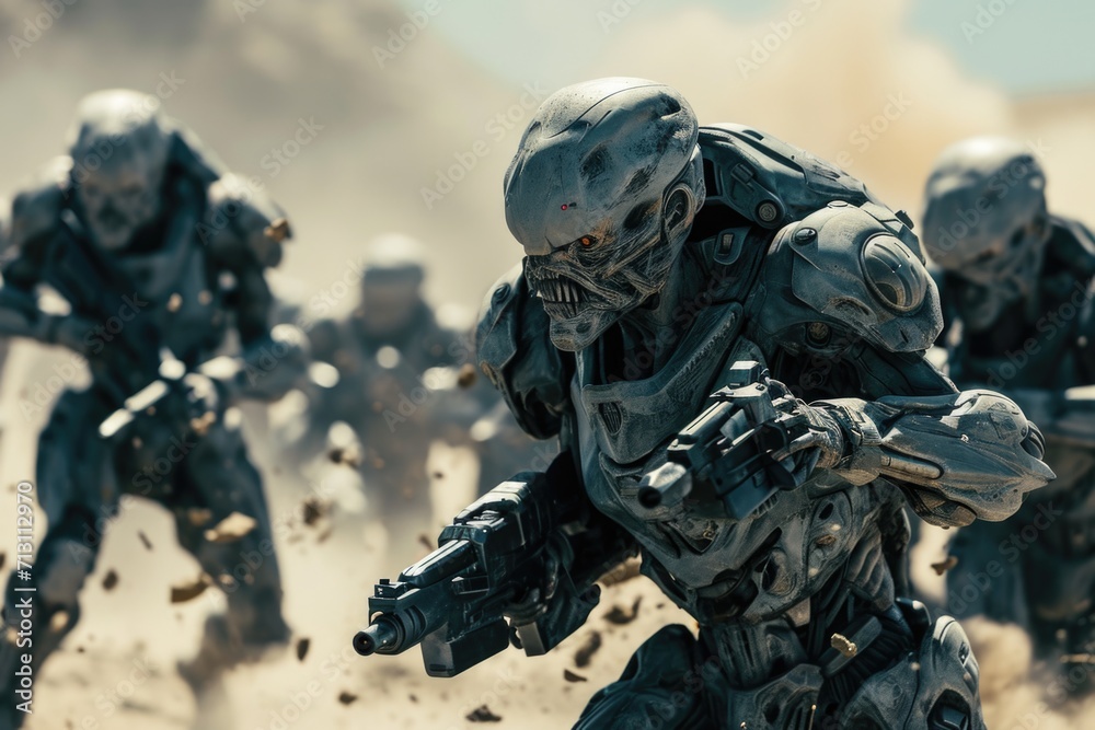 A group of soldiers in a desert area. Suitable for military-themed projects and publications