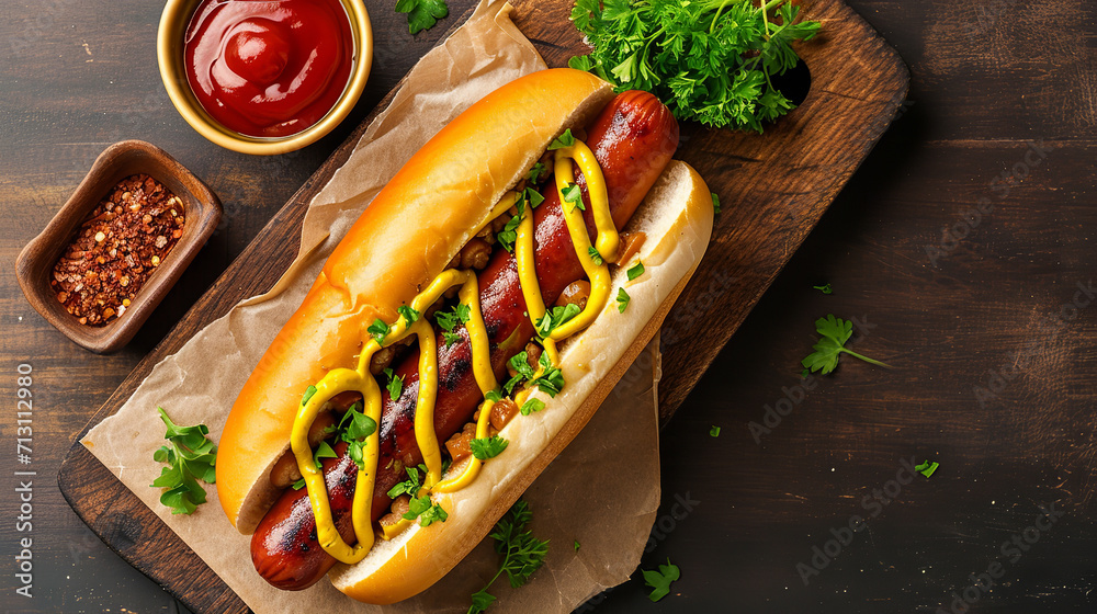 Barbecue grilled hot dog with sausage and yellow mustard with ketchup top view