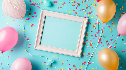 Birthday mockup with frame, balloons and confetti on baby blue table top view