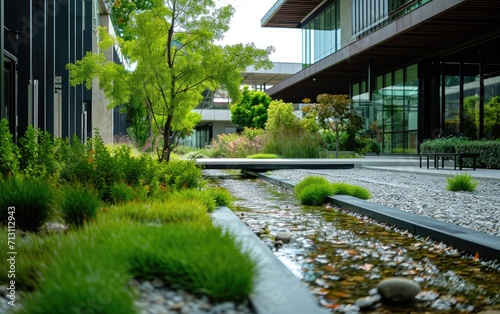 A green building featuring a water-efficient landscaping design and recycled building material