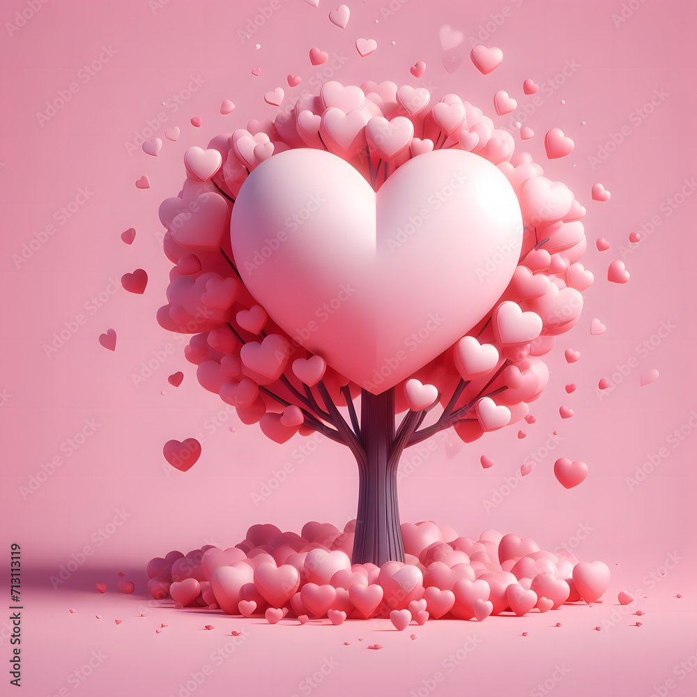 valentine's day wishes 3d love tree with a big heart and pink color background