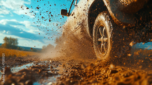 Car wheel on steppe terrain splashing with dirt. Car racing offroad photo