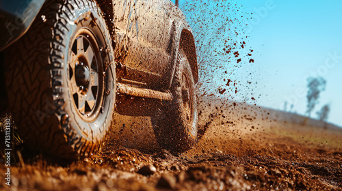Car wheel on steppe terrain splashing with dirt. Car racing offroad