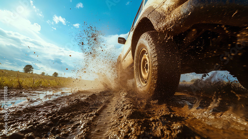 Car wheel on steppe terrain splashing with dirt. Car racing offroad photo
