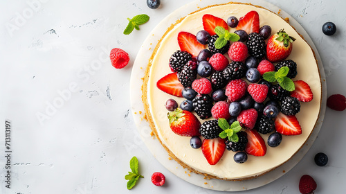 Classic New York cheesecake with fresh berries on white concrete background