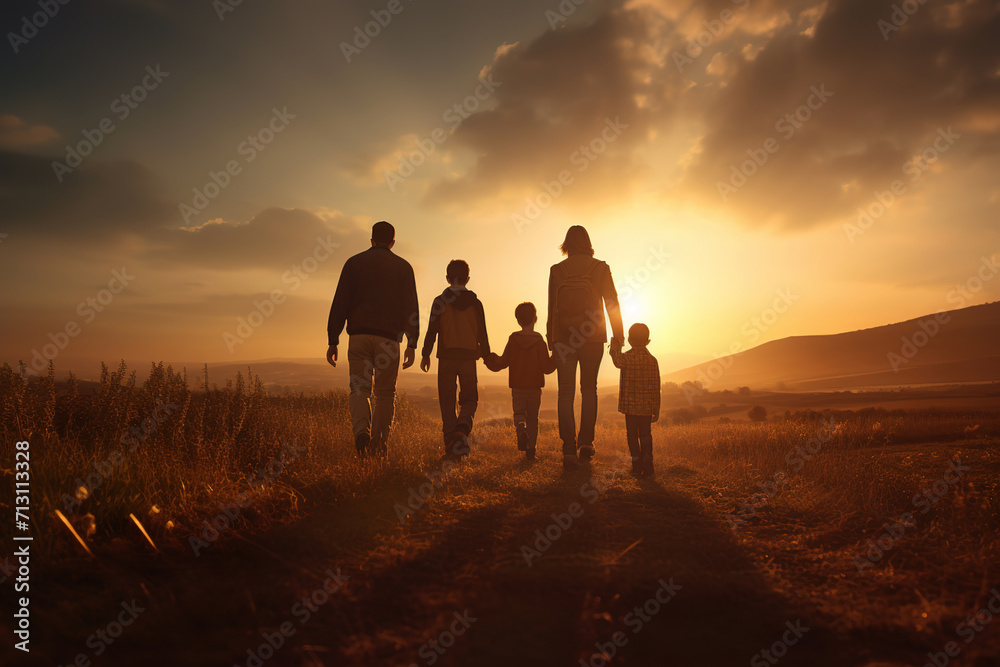 Happy family: mother, father and children in the nature during sunset. Back view.