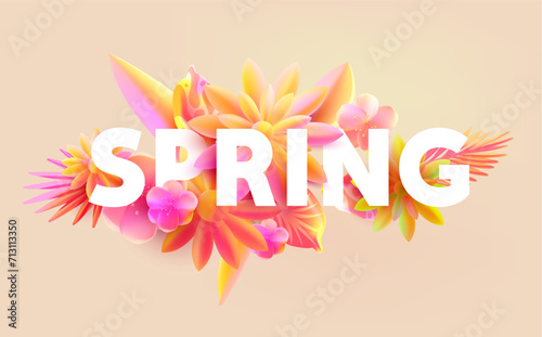 Pink 3D spring flowers . White word spring with season plants. Realistic vector typographic design.