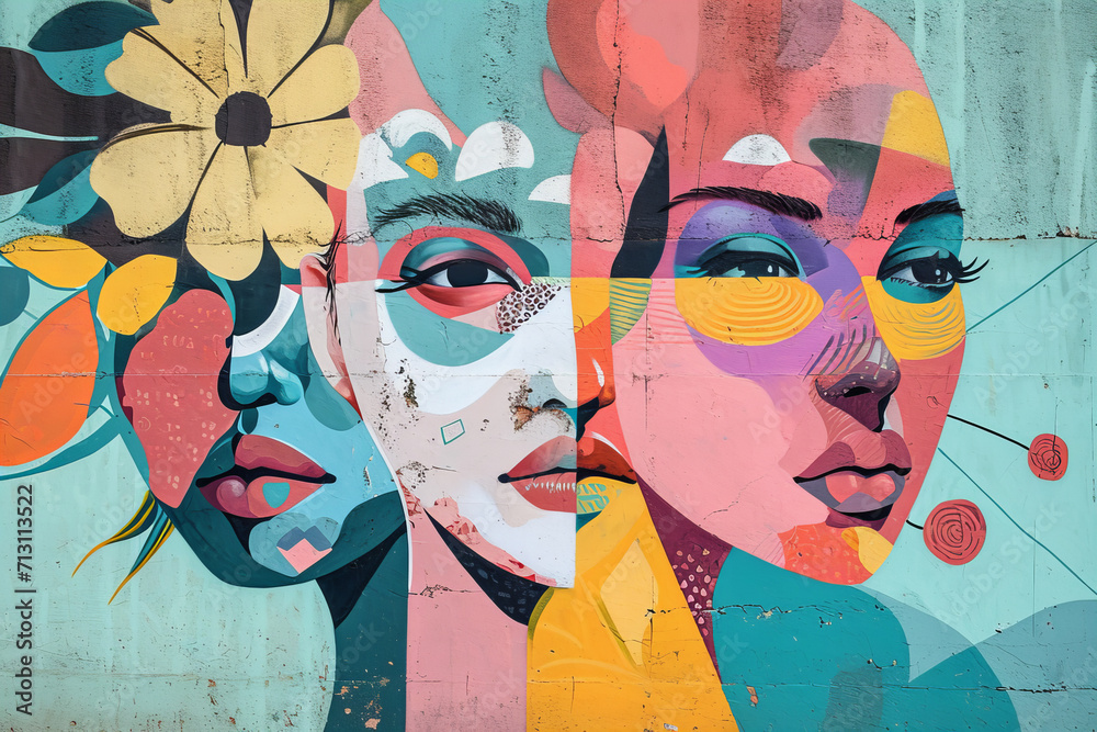 Naklejka premium mural street art graffiti on the wall. Abstract pastel color woman faces with flowers .