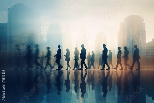 Silhouettes of people walking in the street with skyscrapers in the background. Business concept.