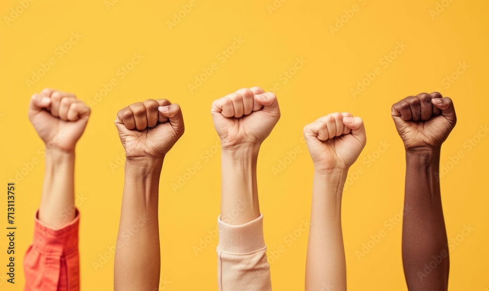 people holding their fists in the air, yellow background, Team or Goal in Business concept. - obrazy, fototapety, plakaty 