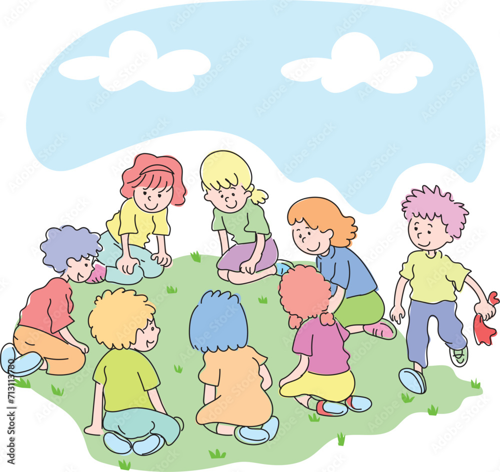 Little children playing handkerchief snatch game in green field.