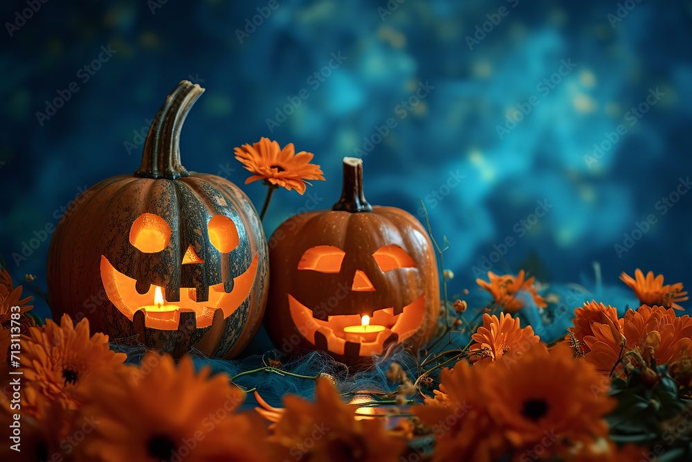 Naklejka premium realistic photo of three helloween pumpkins with a candle inside surrounded by orange flowers